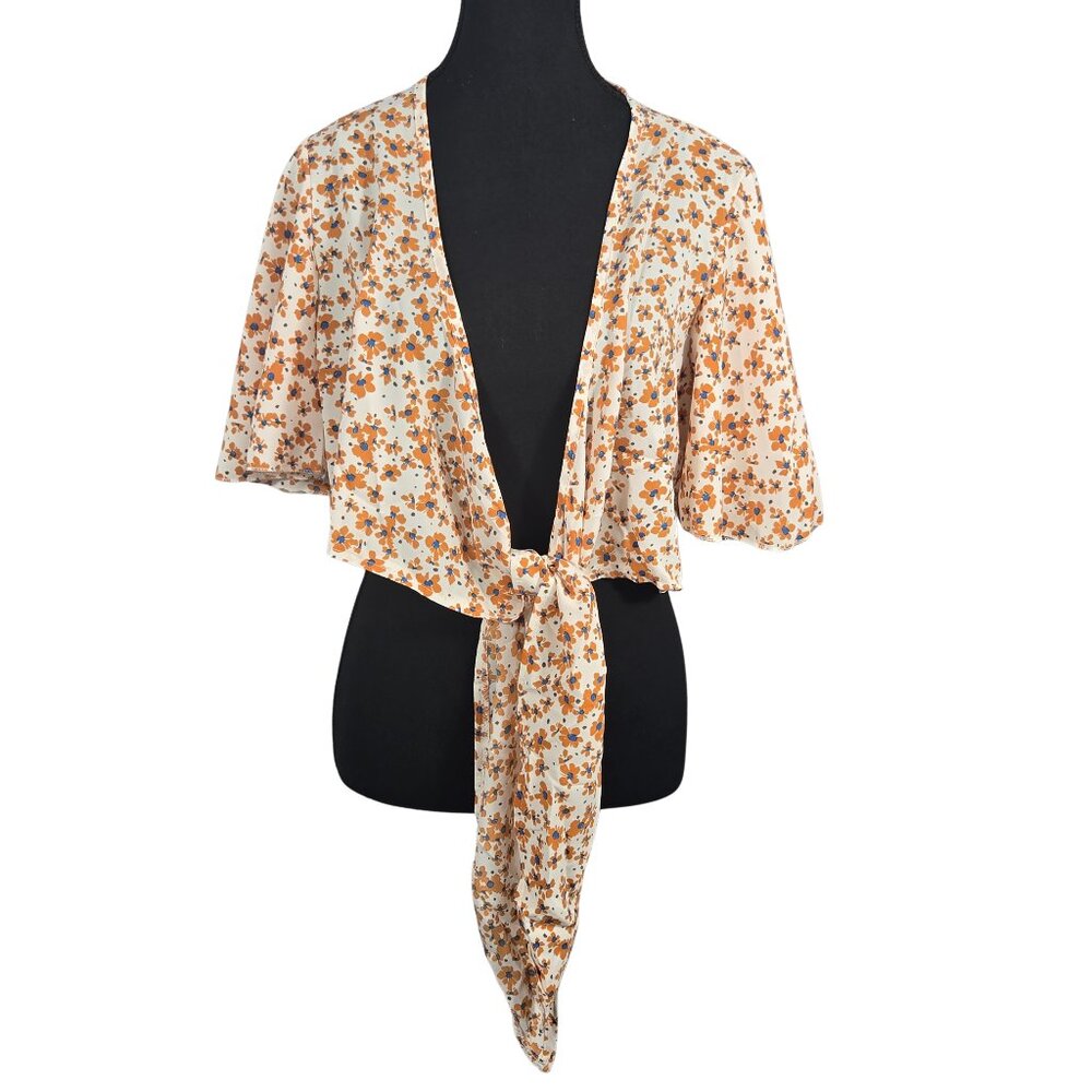 NWOT | Floral Tie-Front Kimono Top | Open Front Flutter Sleeve | Large